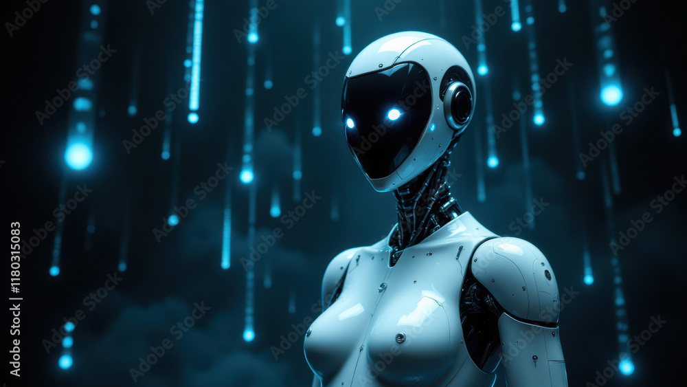 Poster futuristic ai robot with advanced features against digital background.
