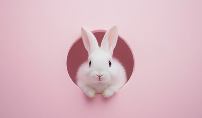 Obraz premium A cute white easter bunny looking out of a circle hole