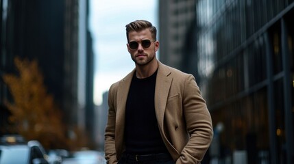 Fototapeta premium A man in a tan coat and black shirt stands in front of a building