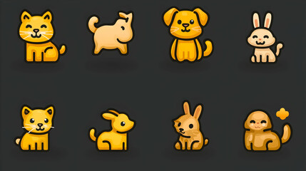 Fototapeta premium Cute cartoon animals icons on dark background.