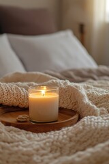 Wooden tray with lit candle