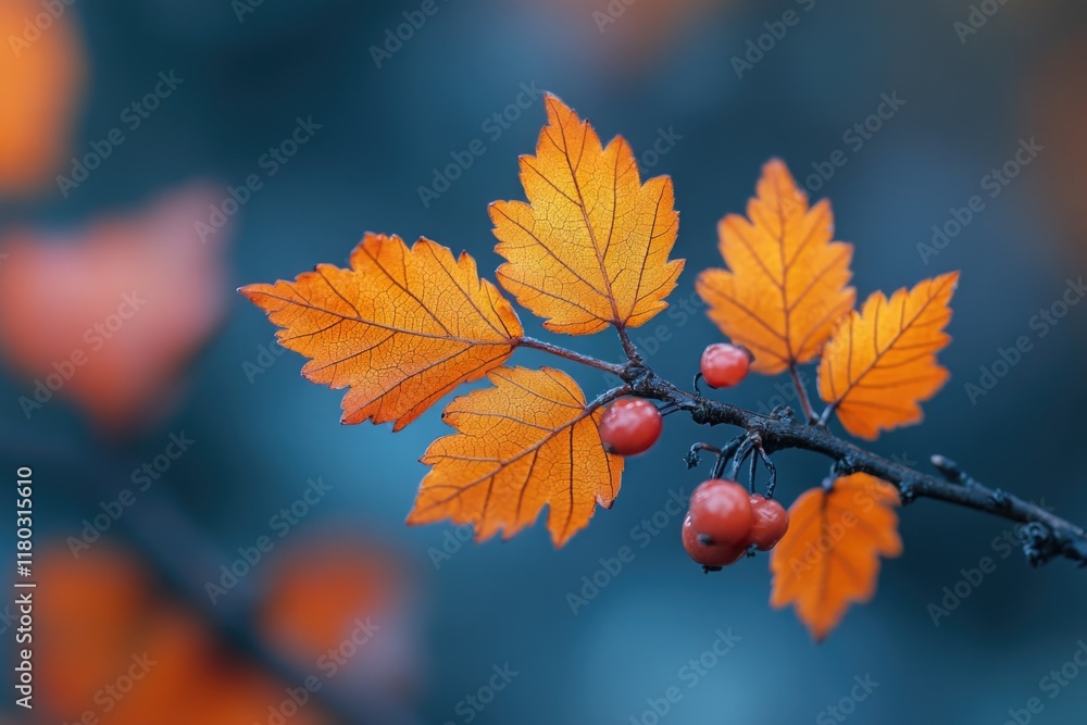 Poster A detailed view of a tree branch with lush green leaves and colorful berries, perfect for use in nature-inspired designs or as a symbol of growth