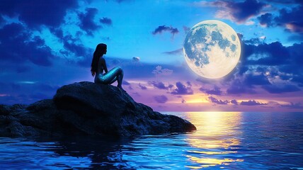 Calming Rhythm Tranquilly Soft, a calming digital illustration of a mermaid sitting on a rock under moonlight