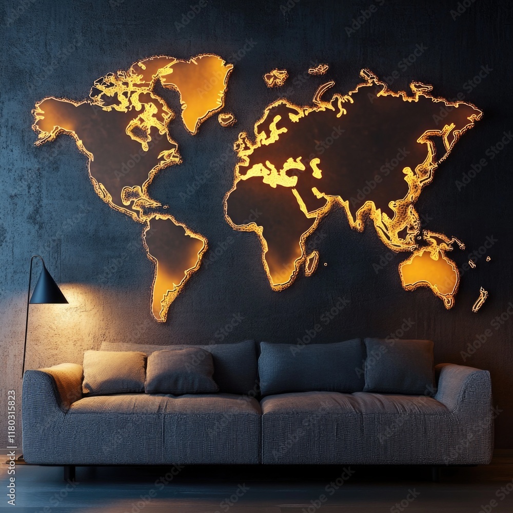 Poster a couch in front of a wall with a large world map, suitable for educational or office settings