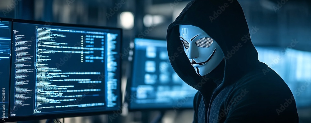 Poster Hacker in mask working on computer. Dark operating room with multiple monitors. Cybercrime, attack and cyberattack concept. Cybersecurity, data protection. Banner with copy space