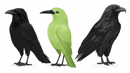 Fototapeta premium Colorful crow variations on white background. Illustration of three birds, one green, two black.