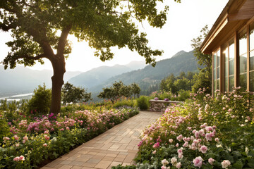 Obraz premium A beautiful garden with a path leading to a house