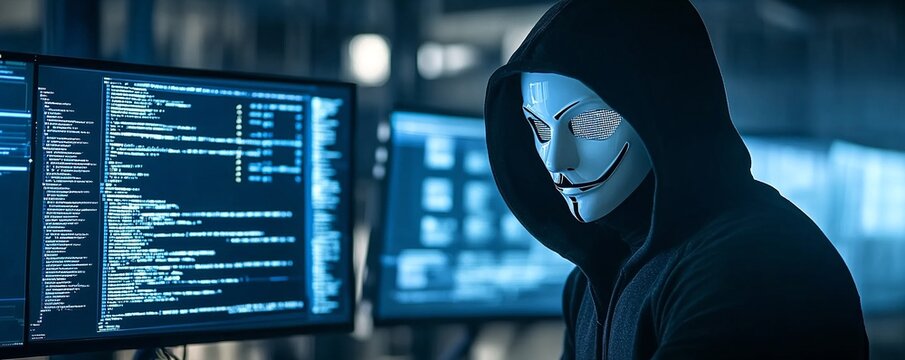 Hacker in mask working on computer. Dark operating room with multiple monitors. Cybercrime, attack and cyberattack concept. Cybersecurity, data protection. Banner with copy space
