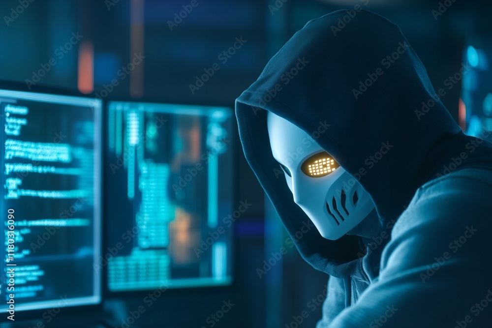 Poster Hacker in mask working on computer. Dark operating room with multiple monitors. Cybercrime, attack and cyberattack concept. Cybersecurity, data protection. Banner with copy space