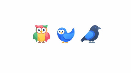 Colorful cartoon birds, owl, blue bird, and crow, flat design, nature theme.