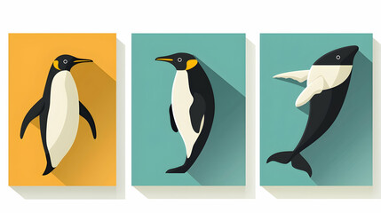 Obraz premium Antarctic wildlife trio; penguin, king penguin, whale; flat design; graphic illustration; website, app design.