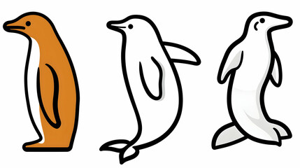 Obraz premium Cartoon Penguin and Dolphins, Side View, Simple Line Art, Isolated on White Background. Possible use for kids' book illustrations or coloring pages.