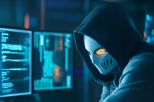 Hacker in mask working on computer. Dark operating room with multiple monitors. Cybercrime, attack and cyberattack concept. Cybersecurity, data protection. Banner with copy space