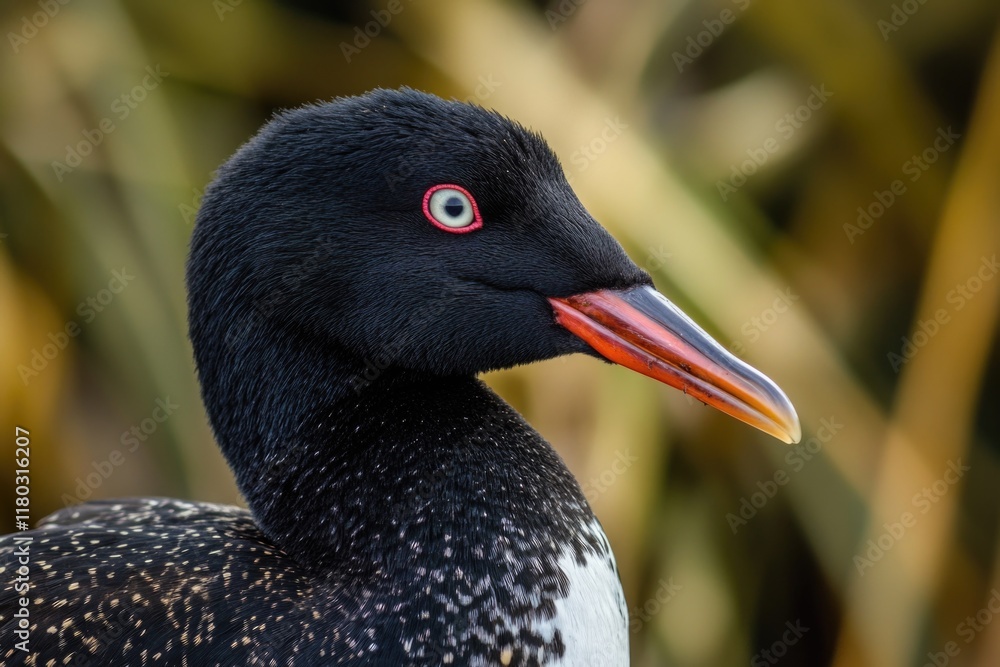 Poster a black and white bird with distinctive red beak perched on a branch