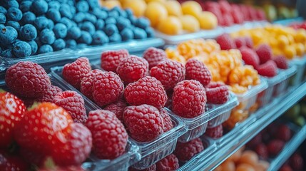 Fresh berries neatly displayed on shelves