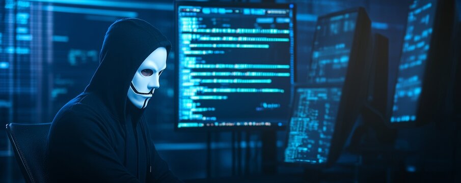 Hacker in mask working on computer. Dark operating room with multiple monitors. Cybercrime, attack and cyberattack concept. Cybersecurity, data protection. Banner with copy space
