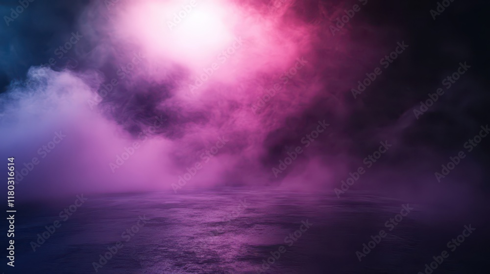 Poster background of an empty room with smoke and neon light. dark abstract background