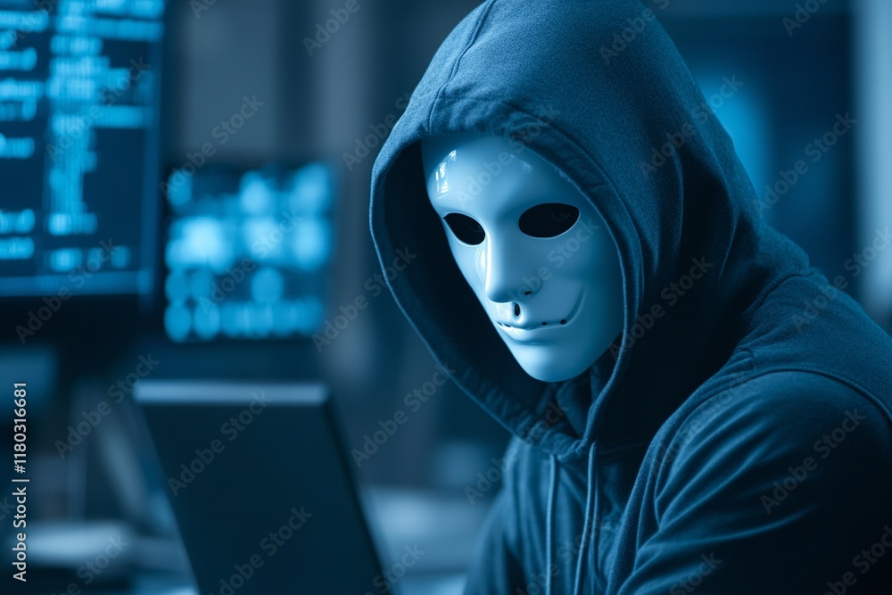Poster Hooded hacker in mask working on computer. Dark operating room with multiple monitors. Cybercrime, attack and cyberattack concept. Cybersecurity, data protection.