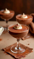 Three glasses of chocolate dessert with whipped cream on top in trendy Mocha Mousse colors