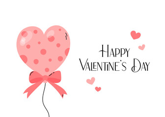Happy Valentines Day horizontal greeting card, poster, banner. February 14 cute romantic vector illustration. Valentine card design. Heart shaped pink balloon with bow