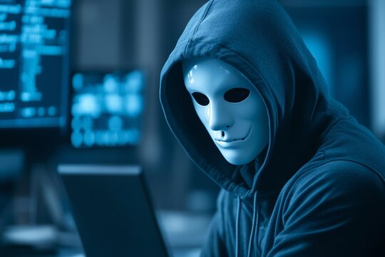 Hooded hacker in mask working on computer. Dark operating room with multiple monitors. Cybercrime, attack and cyberattack concept. Cybersecurity, data protection.