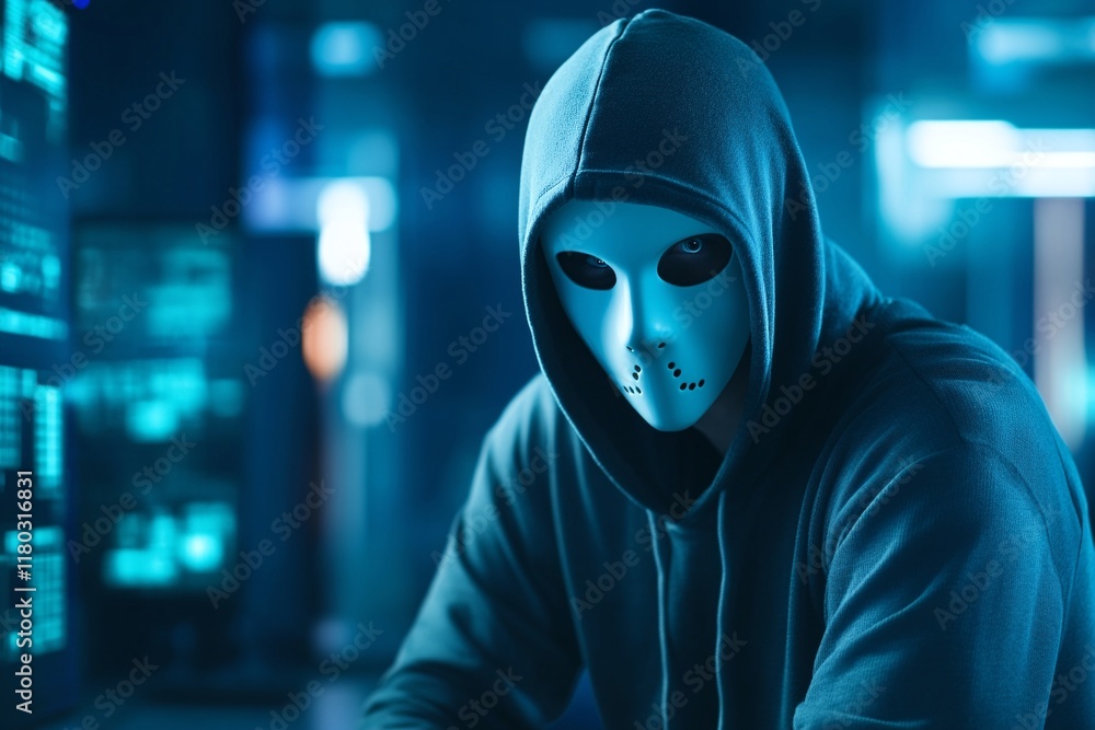 Poster Hacker in mask working on computer. Dark operating room with multiple monitors. Cybercrime, attack and cyberattack concept. Cybersecurity, data protection.
