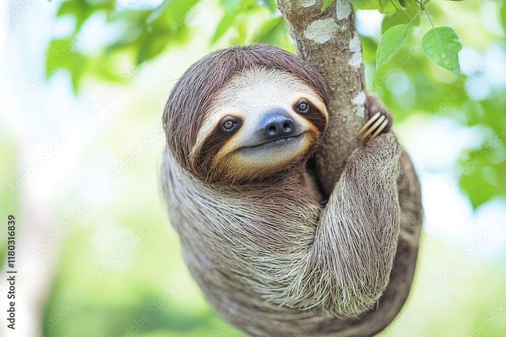 Poster a sloth is hanging from a tree branch, relaxing in nature