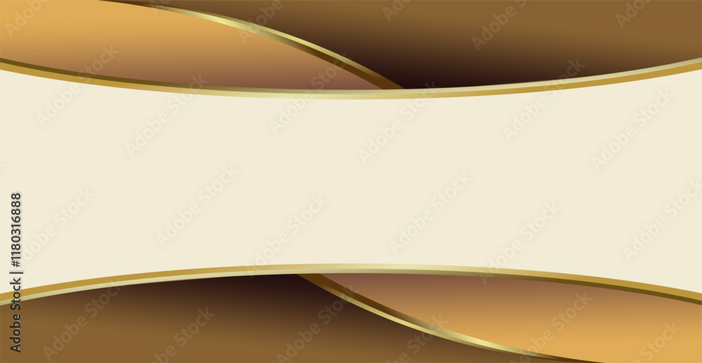 Poster composition of empty space, curved lines and geometric abstract fields with gradations of gold, brow