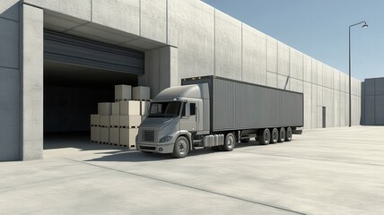 Cargo Concetp. Truck unloading at a warehouse with stacked boxes outside.