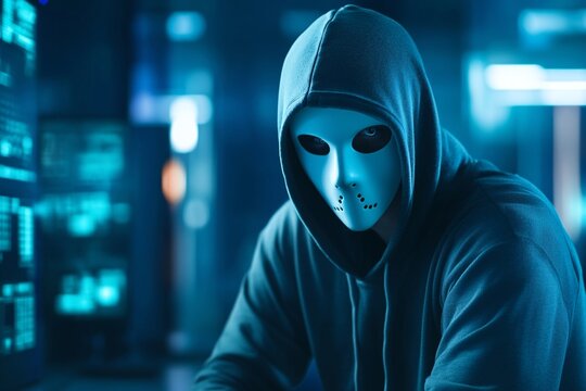 Hacker in mask working on computer. Dark operating room with multiple monitors. Cybercrime, attack and cyberattack concept. Cybersecurity, data protection.