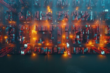Obraz premium Cargo Concetp. Aerial view of illuminated shipping containers at night.