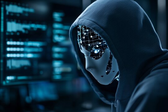 Hacker in mask working on computer. Dark operating room with multiple monitors. Cybercrime, attack and cyberattack concept. Cybersecurity, data protection.