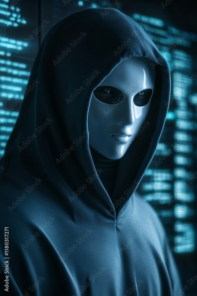 Poster Anonymous hacker in corporate data center. Rows of rack servers. AI training cluster and Artificial Intelligence. Cloud data storage. Cybercrime and network security. Digital information protection