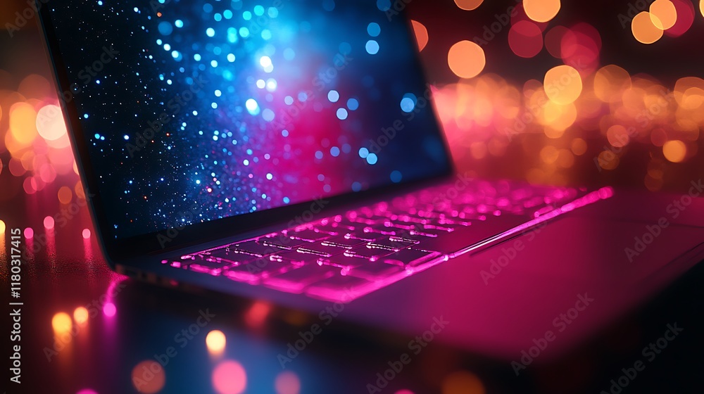 Poster a laptop with a colorful, illuminated keyboard against a bokeh background.