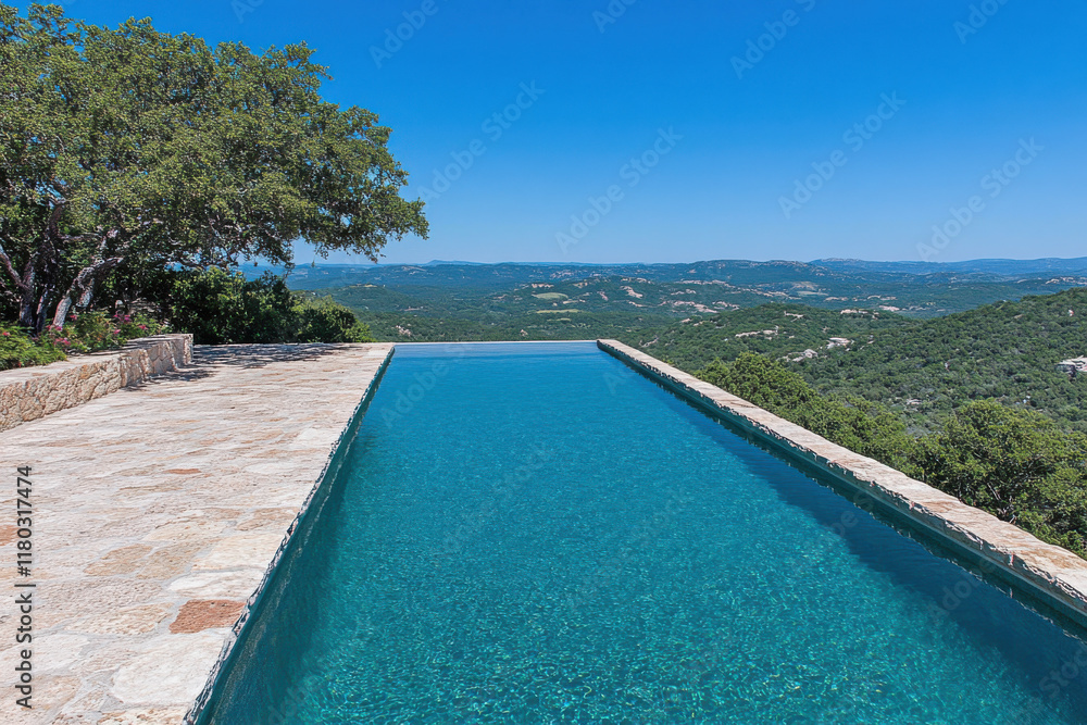 Poster a long pool with a tree in the background