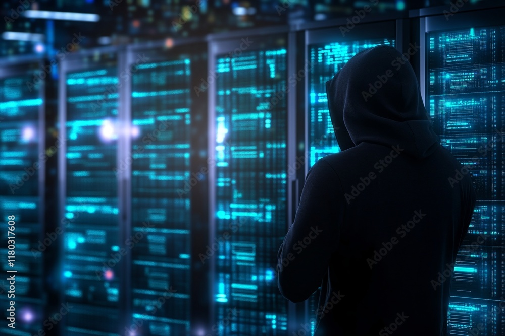 Poster hooded hacker in corporate data center. rows of rack servers. ai training cluster and artificial int
