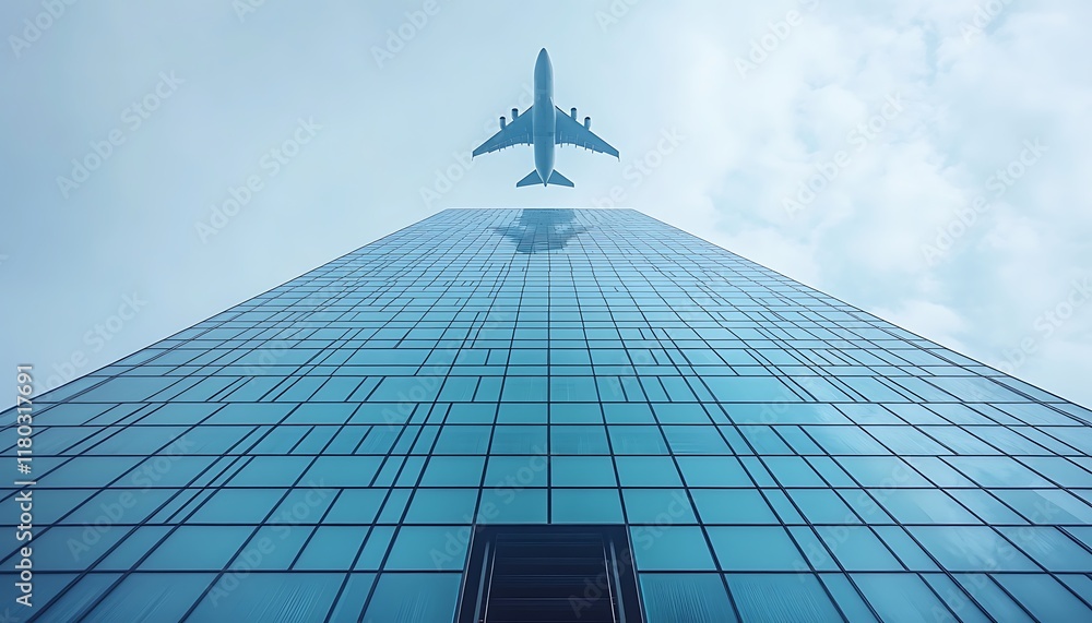 Poster a low-angle view of a skyscraper with an airplane flying overhead.