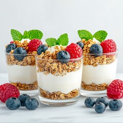 Delicious yogurt parfaits with granola, topped with fresh blueberries, raspberries, and mint, served in clear glasses.