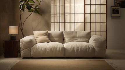 Charming minimalist living room featuring a modern beige sofa and earthy decorative touches