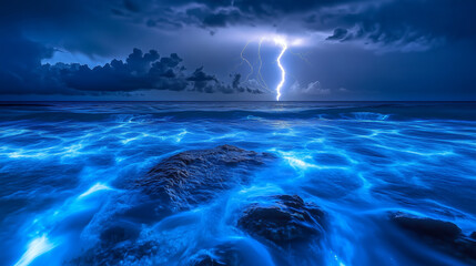 A surreal stormy ocean with bioluminescent waves glowing in eerie blue as lightning strikes in the background