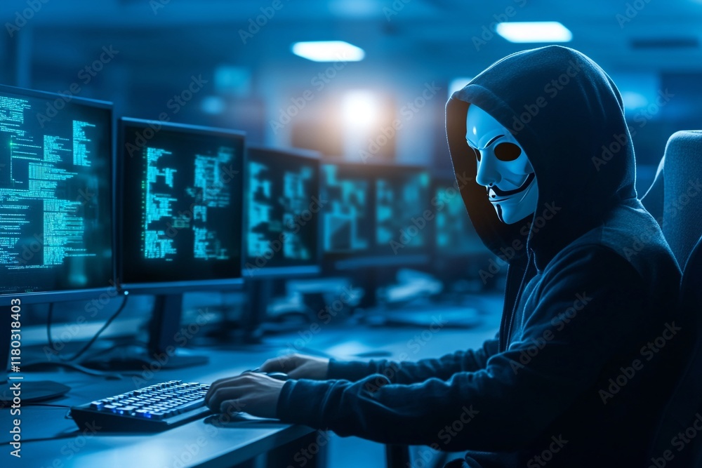Poster Hacker in mask working on computer. Dark operating room with multiple monitors. Cybercrime, attack and cyberattack concept. Cybersecurity, data protection.