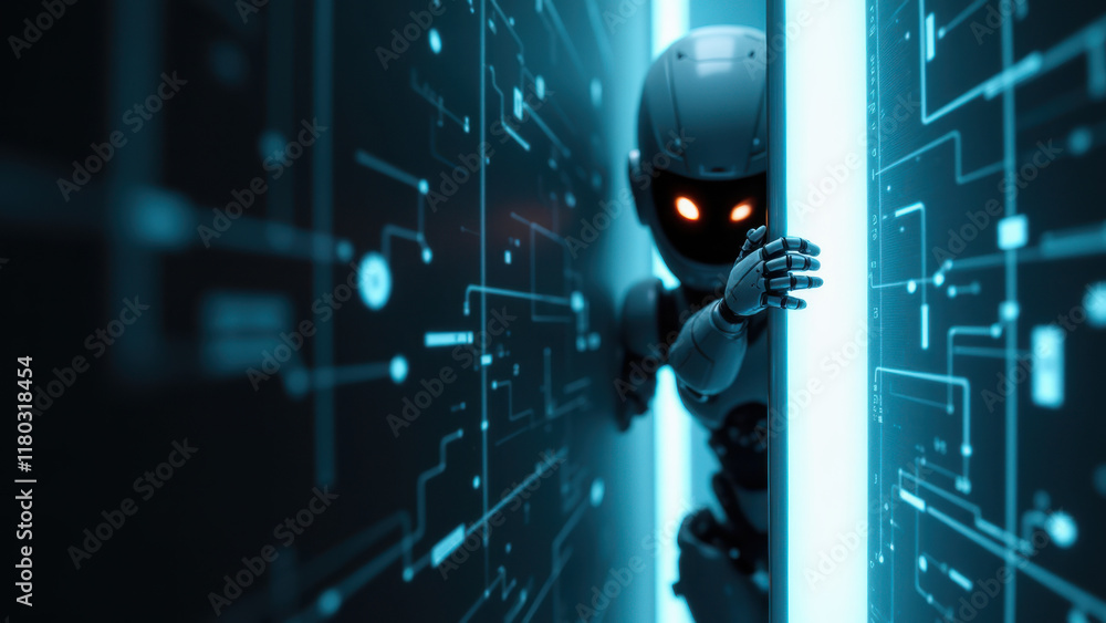 Poster a robot with glowing eyes emerges from behind a futuristic holographic interface.