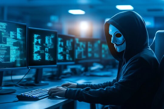 Hacker in mask working on computer. Dark operating room with multiple monitors. Cybercrime, attack and cyberattack concept. Cybersecurity, data protection.