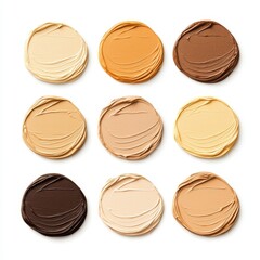 Fototapeta premium Nine circular swatches of various shades of beige and brown, showcasing a range of skin tones or paint colors.