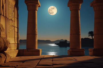 ancient egyptian columns in the moonlight