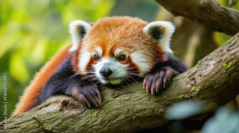 Poster A close-up view of a red panda sitting on a tree branch, looking directly at the camera