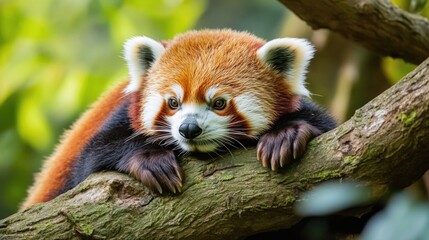 A close-up view of a red panda sitting on a tree branch, looking directly at the camera