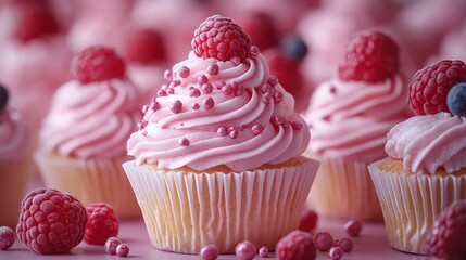 Pink cupcakes topped with fresh berries