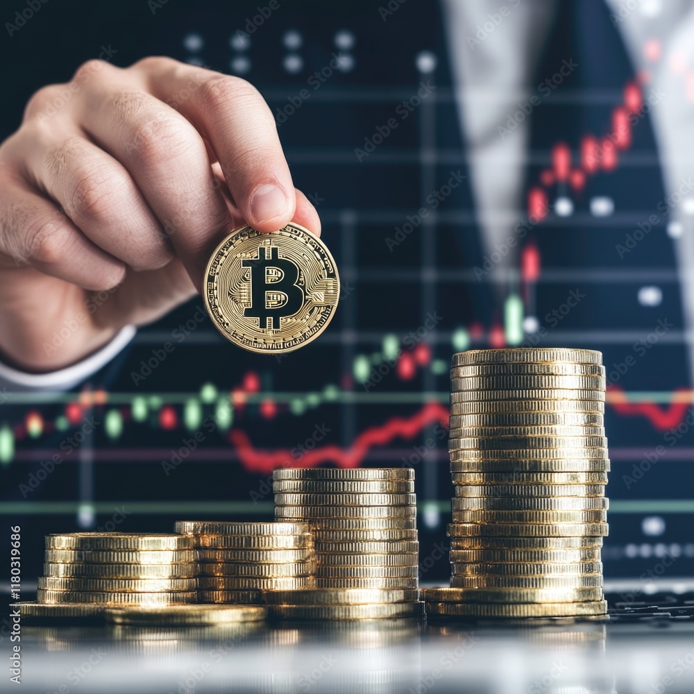 Poster a person holding a bitcoin with stacks of coins, symbolizing digital wealth and finance