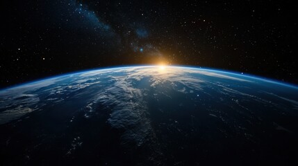 A view of the Earth from space, with the sun rising over the horizon